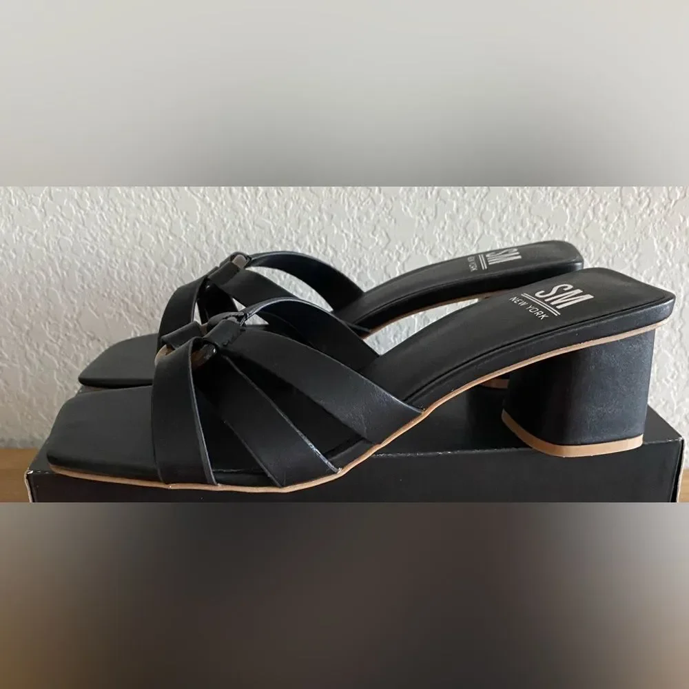 SM New York NEW Black Square Toe Block Heel Heeled Sandals Size 8.5 2” Heel